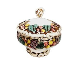 Vintage  Lefton 1958 Ceramic Della Robbia Robia Fruit Dish with Lid